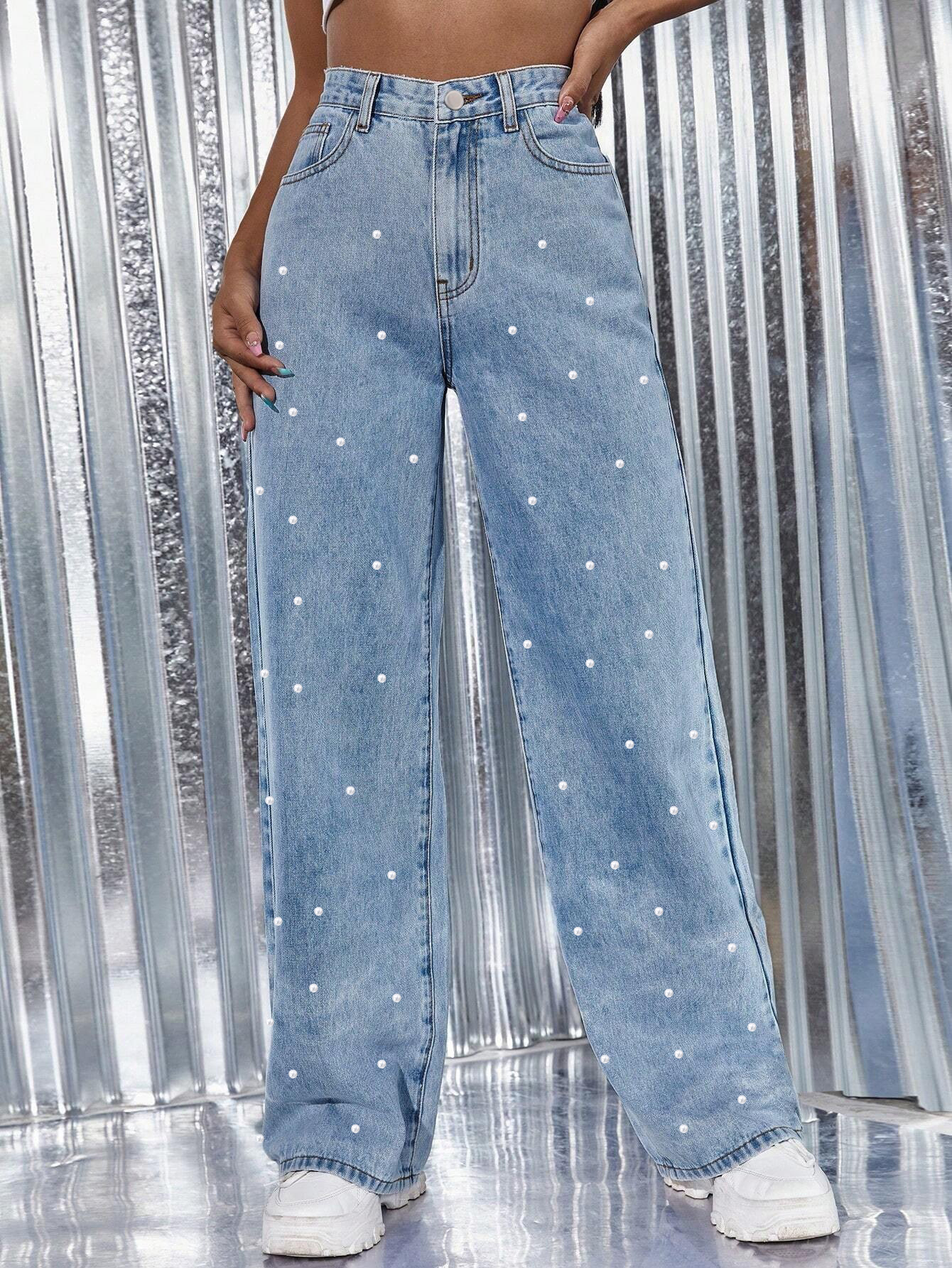 European and American Cross-Border Export New Pearl Ins Style Jeans Washed High Waist Straight Denim Pants Women Jeans