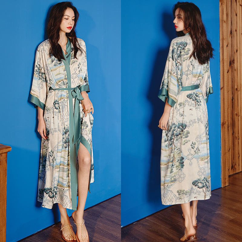 Picture of Yaoting Satin Printed Pajamas for Women Summer Large Size Accessible Luxury Three-Quarter Sleeves Cool Long Nightgown Home Wear Women Wp2669