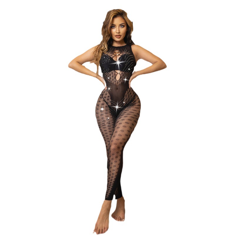 New cross-border European and American sexy polka dot love sleeveless rhinestone sexy lingerie women's free off tight mesh jumpsuit