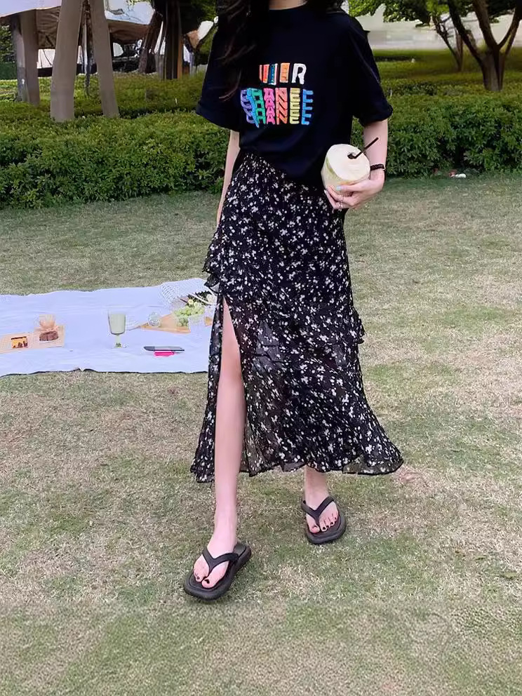 Floral Ruffle Split High Waist Skirt Women's Spring 2025 New Loose Slimming Mid-length All-match Skirt