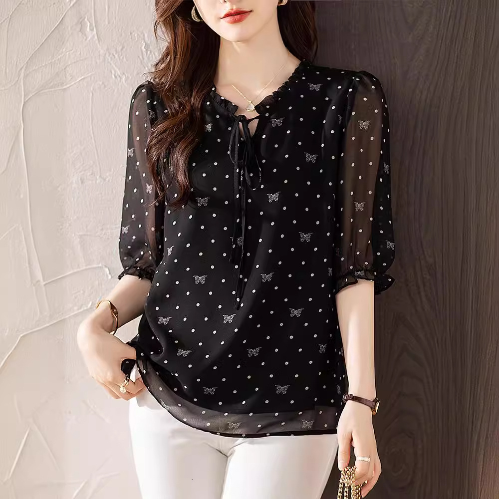 Floral Chiffon Shirt Women's 2025 Summer New Style Top Loose Short Sleeve Shirt