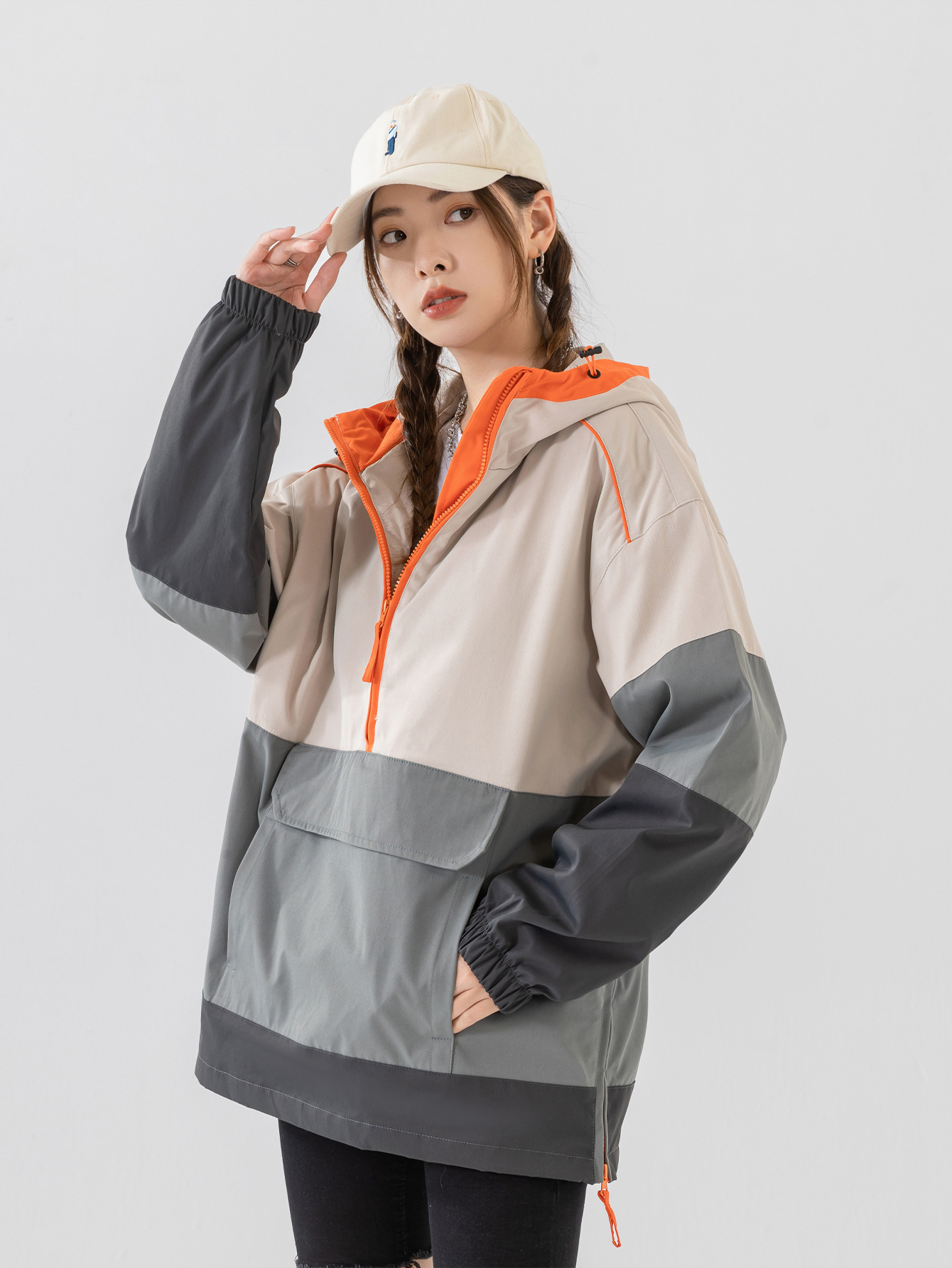 Picture of Spring and Autumn Loose-Fitting Plus-Size Half-Cardigan Unisex Pullover Japanese-Style Workwear Windbreaker Long-Sleeve Windproof Jacket for Women Cross-Border