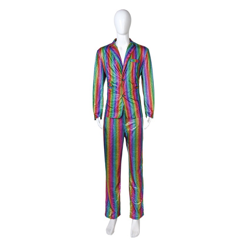 Men's European Size Halloween Rainbow Plaid Gold silver Bronzing Stage Nightclub Cool Performance Shining Suit