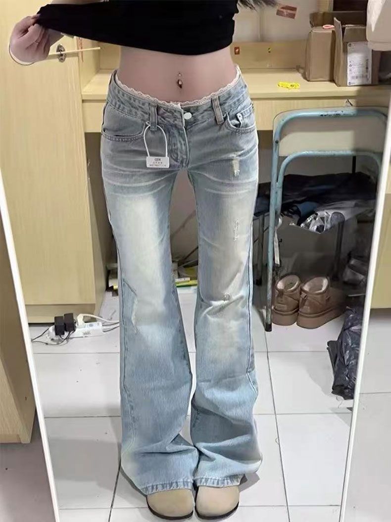 Light Color Lace Micro Lace Jeans Women's 2025 New Retro Low Waist Slimming Straight Pants