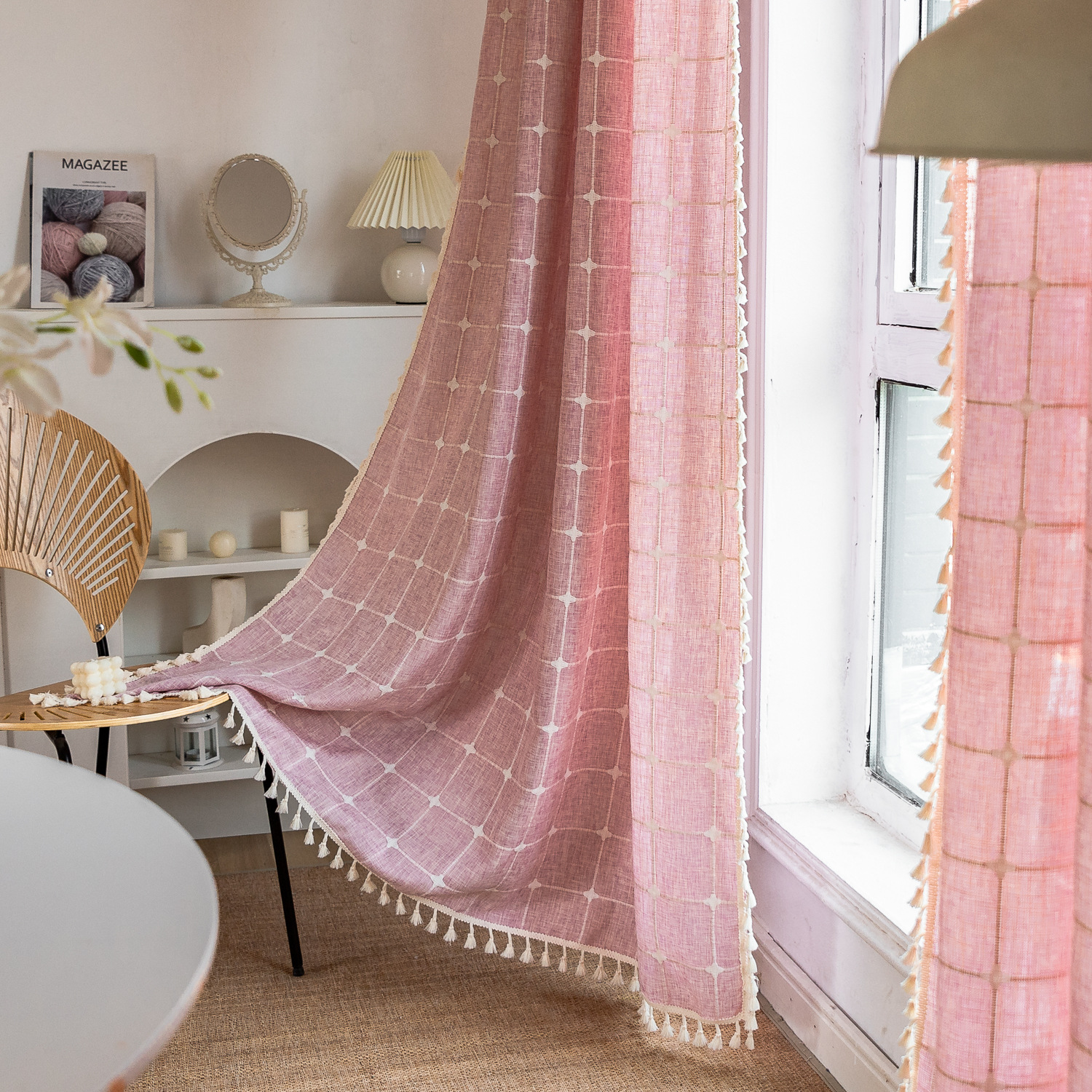Picture of US Amazon New Cross-border Curtain Finished Decoration Living Room Bedroom Tassel Brown Square Plaid Short Curtain