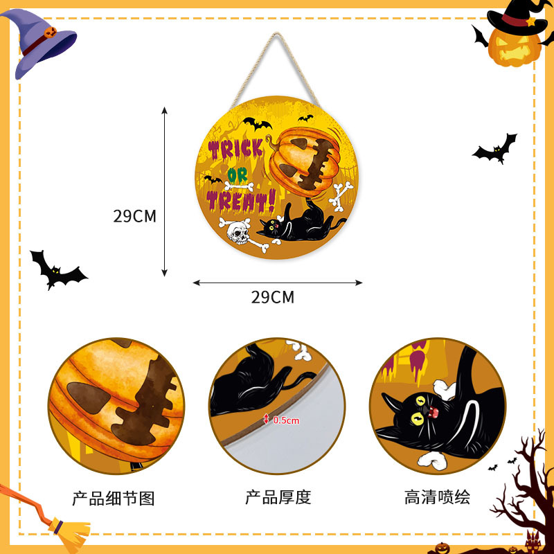Picture of Cross-Border New Halloween Wall Decoration Wall Hanging Round Pumpkin Cat Horror Festival Welcome Wood Art Wall Decoration Door Hanging