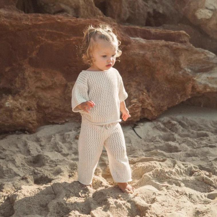 Picture of Baby Summer Hollow Breathable Curled Knit Sweater Short-sleeved Top Trousers suit Baby Cotton Sweater