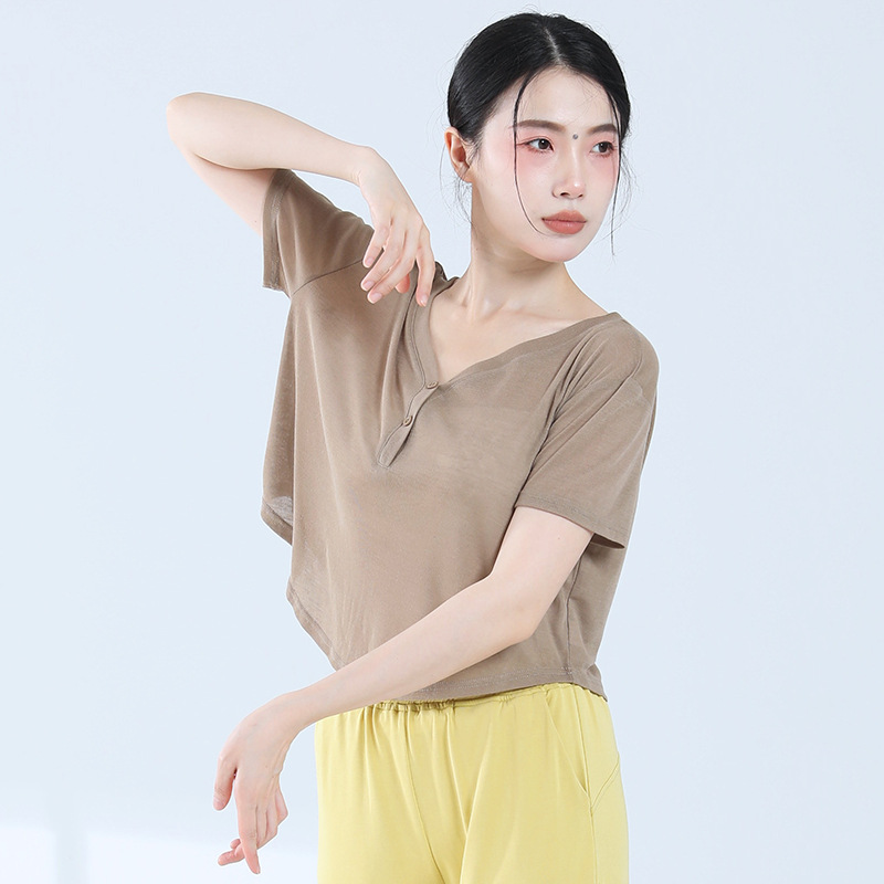Picture of Thin V Neck Yoga Wear, Long-Sleeved Short Style, Loose-Fitting Outdoor Fitness Top, Breathable Daily Sports Blouse