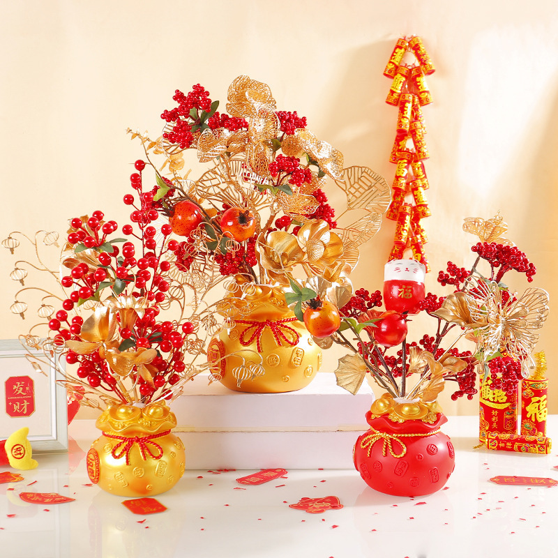 2025 New Year Decorations for the Year of the Dragon, Spring Festival Red Fruit Fortune Bags, New Year Atmosphere Setup for Store Counters
