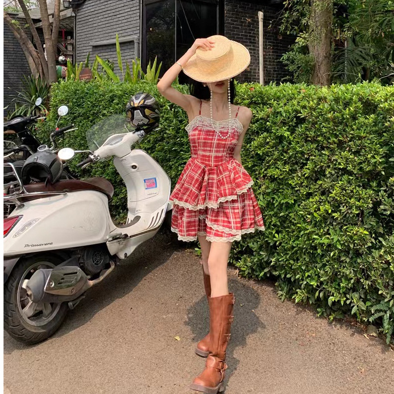 Picture of Vacation Style Amazing Beautiful Dress 2023 Summer New Lace Edge Plaid Slip Skirt High Waist White Cake Skirt