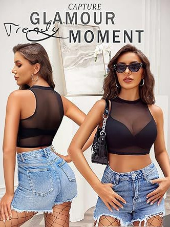 Picture of Cross-border European and American Explosions Perspective Inner Vest Base Shirt Mesh Sexy Spice Girl European and American Style Sexy Round Neck Lace