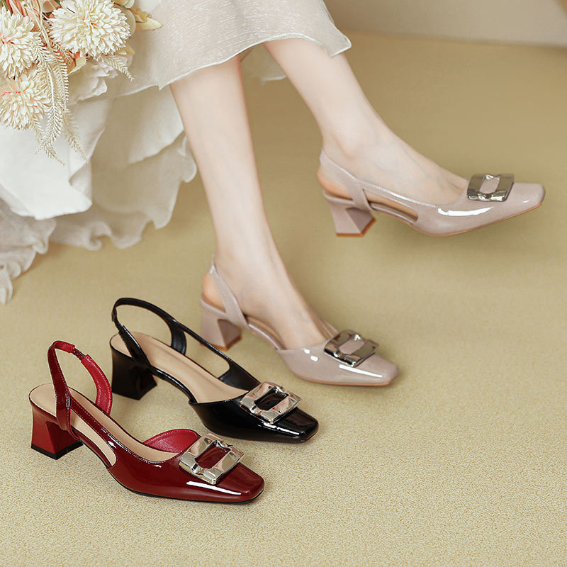 2025 New Summer Style French One-Line Toe Sandals for Women Thick Heel Square Toe Back Empty Shoes Red High Heels
