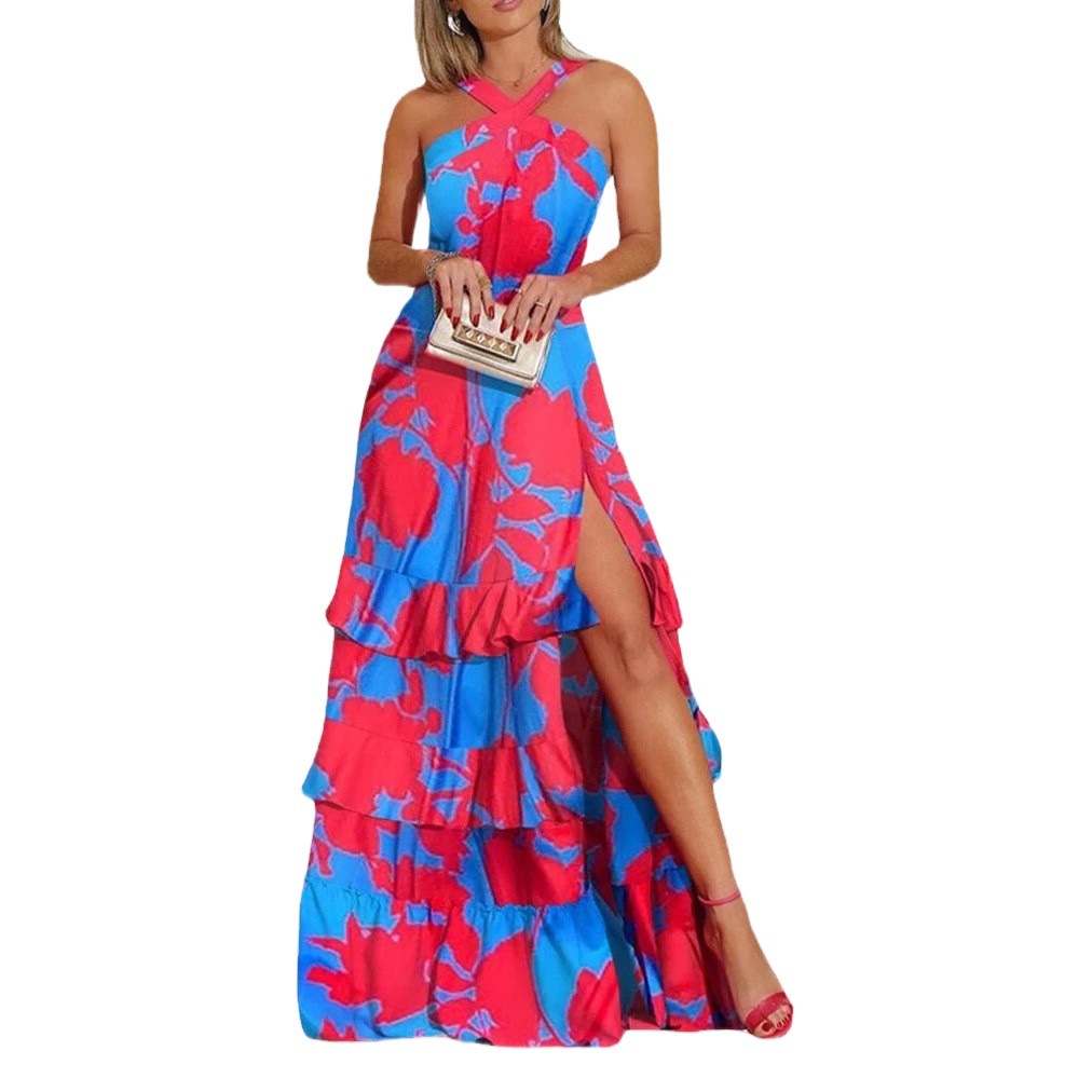 2025 European and American Summer Suspender Dress Bohemian Dress Amazon Printed V Neck Sleeveless Dress
