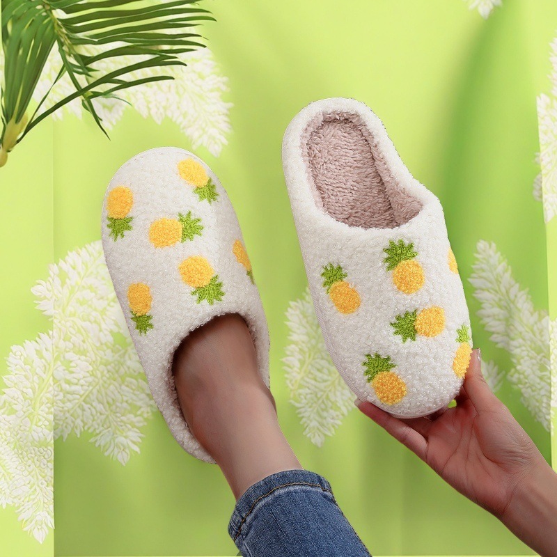 Xiaohongshu Fruit Pattern Yellow Pineapple Cotton Slippers for Women Winter Plush Slippers Couple Style Thickened and Warm