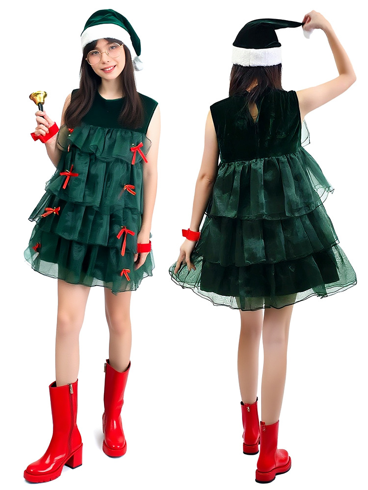 Christmas New Sleeveless Green Cake Skirt Cosplay Christmas Tree Holiday Party Performance Clothing Stage Outfit for Women