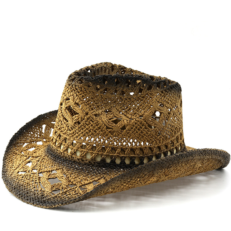 European and American Retro Western Cowboy Hat Sunscreen Hollow-out Jazz Hat Cross-border Malan Flower Windproof Rope Denim Straw Hat