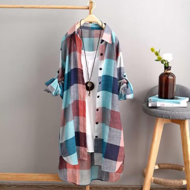 Picture of 2025 Sun Protection Shirt Women's Mid-Length Plus Size Women's Loose Slim Fashion Plaid Shirt Women's Casual Jacket