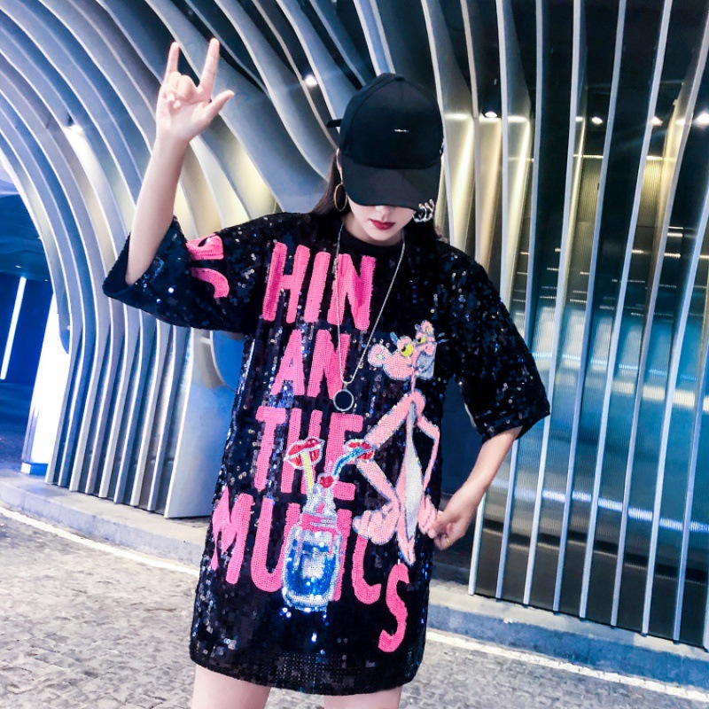 Summer New Thai Fashion Brand European Large T-shirt Women's chubby girl Loose plus size Pink Panther Sequin Shirt Women's Skirt