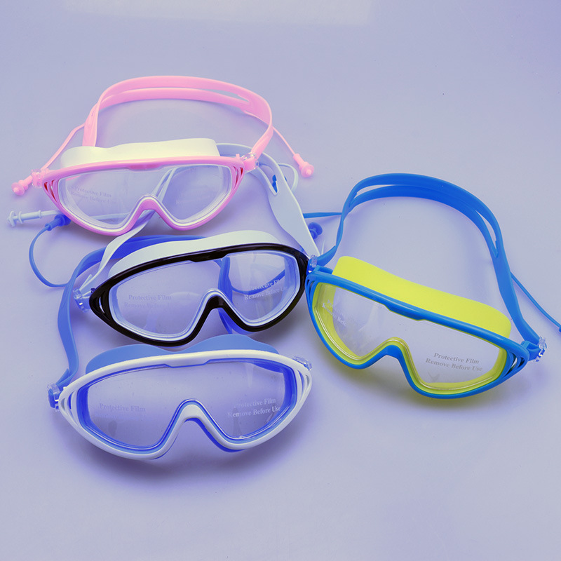 New children's swimming goggles with earplugs boys and girls swimming glasses waterproof anti-fog large frame diving glasses professional equipment