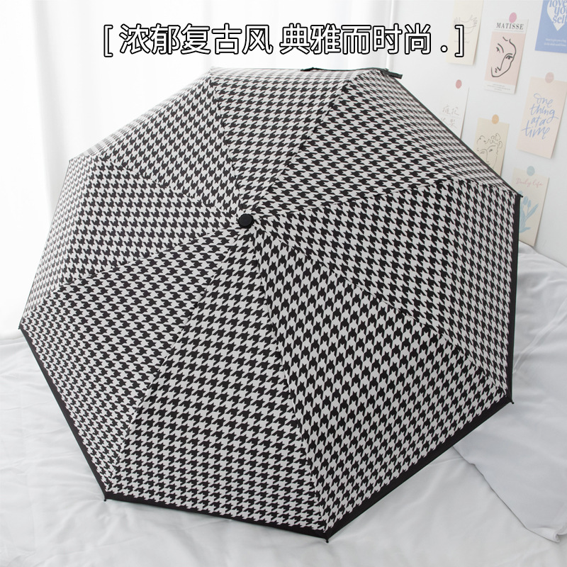 Picture of Wholesale Fully Automatic 70% off Sunny Umbrella Houndstooth Plaid Foldableing Umbrella Vinyl Anti-Uv Sun Protection Sunshade Umbrella