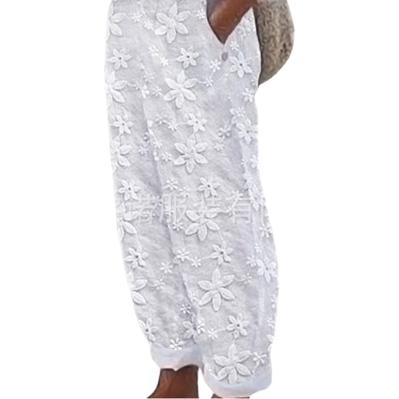 2023 Europe and America Amazon Independent Station Summer Best Selling Women's Elegant Embroidered Cotton and Linen Casual Pants
