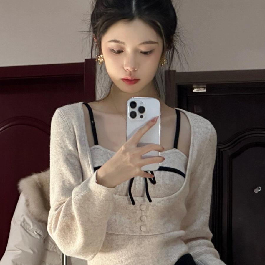 Pure Desire Style Design Bow Sling Knitted Sweater Two-piece Set Women's Autumn New Style Small Inner Top Trendy