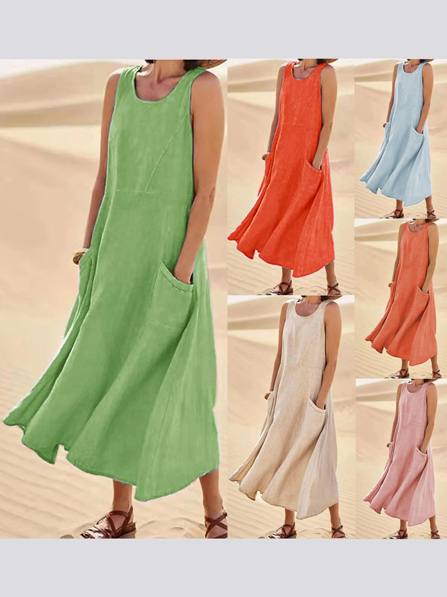 2025 Summer European and American Cross-Border Amazon Independent Station Wish Pocket Sleeveless Round Neck Women's Cotton and Linen Dress