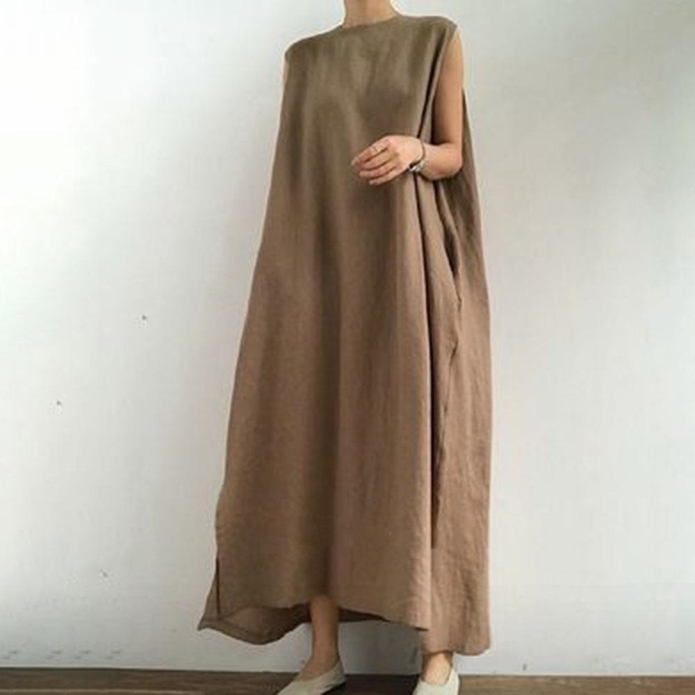 Spot Korean 2024 Internet Celebrity Recommends Cotton and Linen Women's Sleeveless Slit Dress Vest Dress Pure Color Large Hem Dress