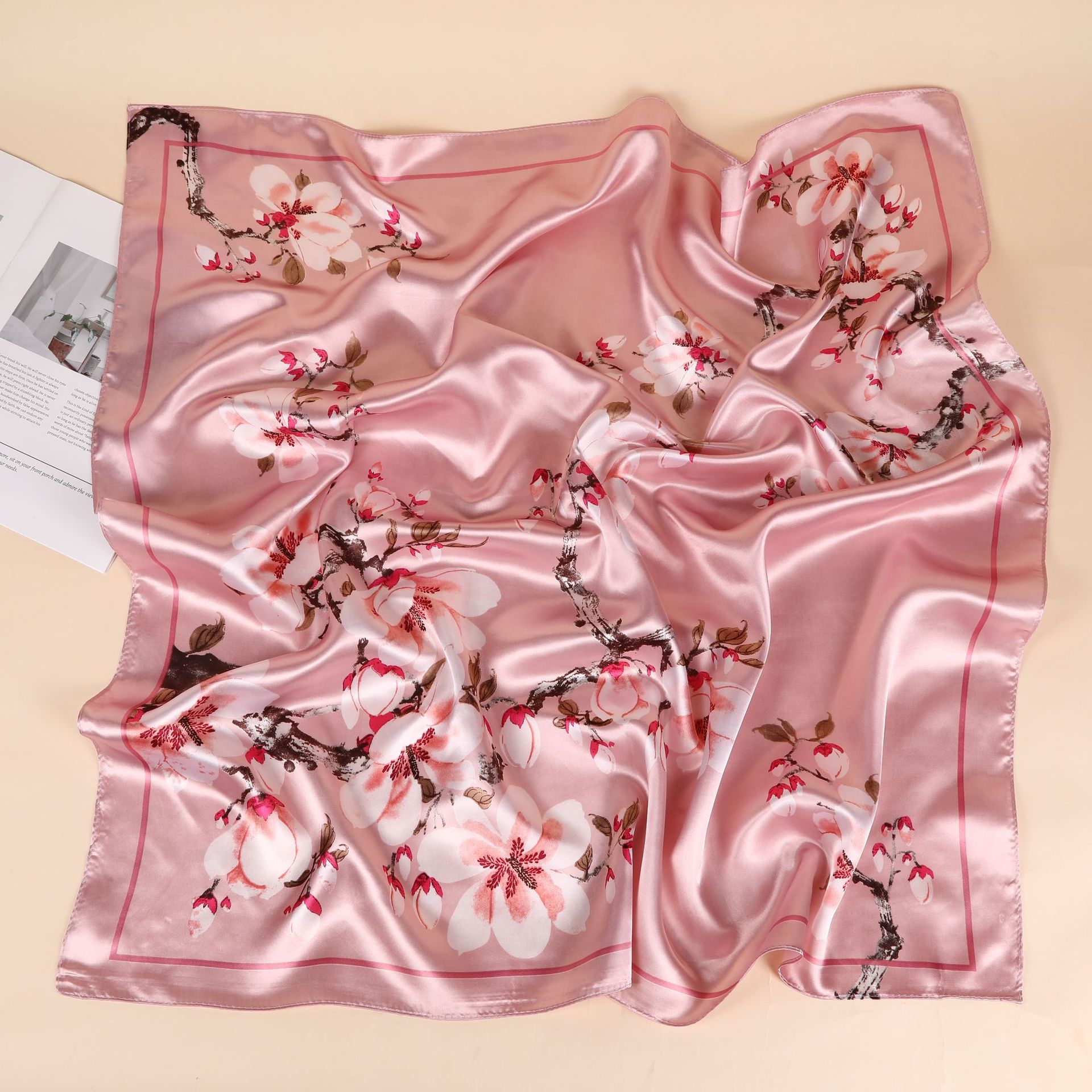 European and American Floral Print Leopard Print Silk Scarf Girl Fashion Shawl Peach Blossom Decorative Square Scarf Rose Satin Square Scarf