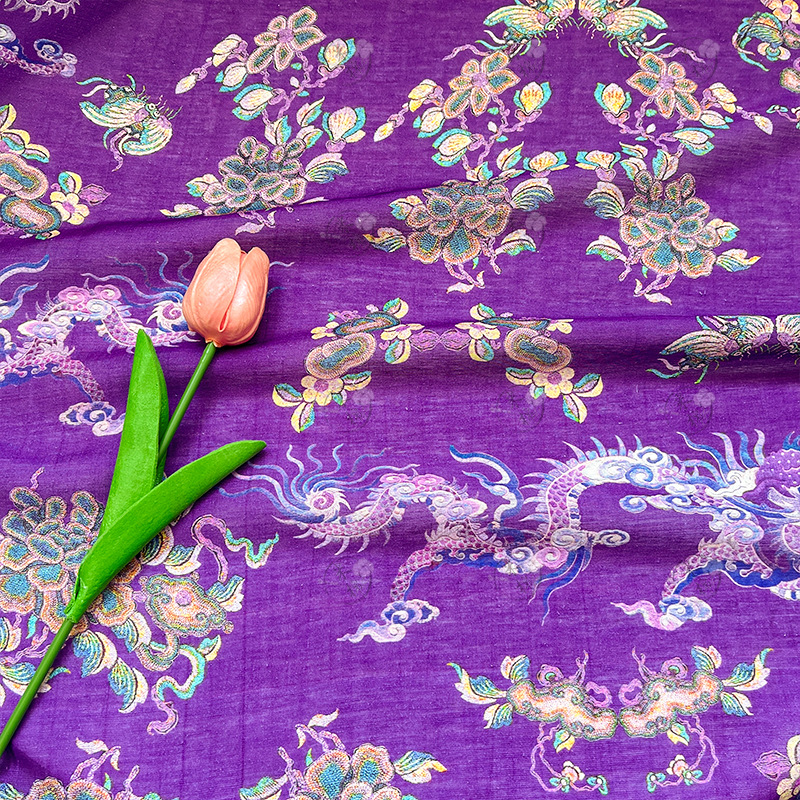 Purple dragon pattern thin slightly transparent Tencel linen fabric gauze skirt, Hanfu shirt, cheongsam, new Chinese style fabric
