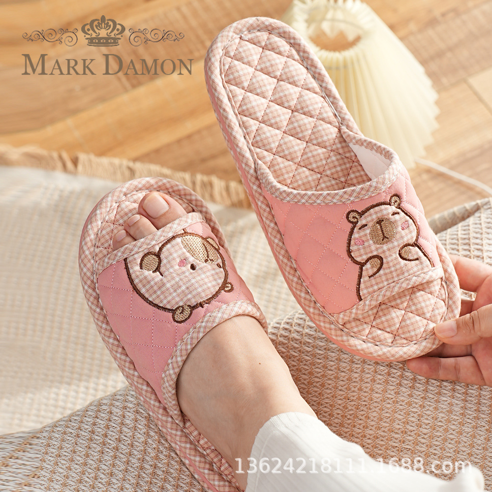 New Pure Cotton Fabric Cute Cartoon Couple Slippers Parent-Child Spring and Autumn Indoor Home Thickened Non-Slip Silent Floor