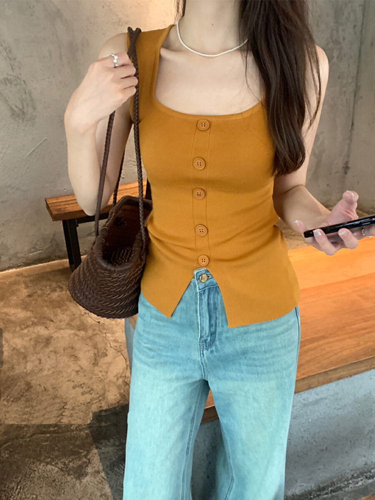 Cross-border Pure Desire Slimming Look Square Collar Covering Side Breasts Knitted Vest Women's Card Waist Shirt Slit Sleeveless Suspender Slim Top