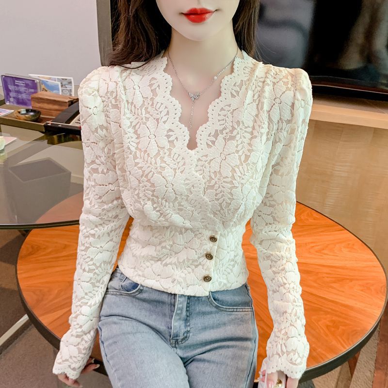 Picture of 2023 Autumn and Winter New Collar Wavy Edge Shirt Lace Shirt Women's Western Style Slim Fit Slimming fleece-lined Thickened Base Shirt