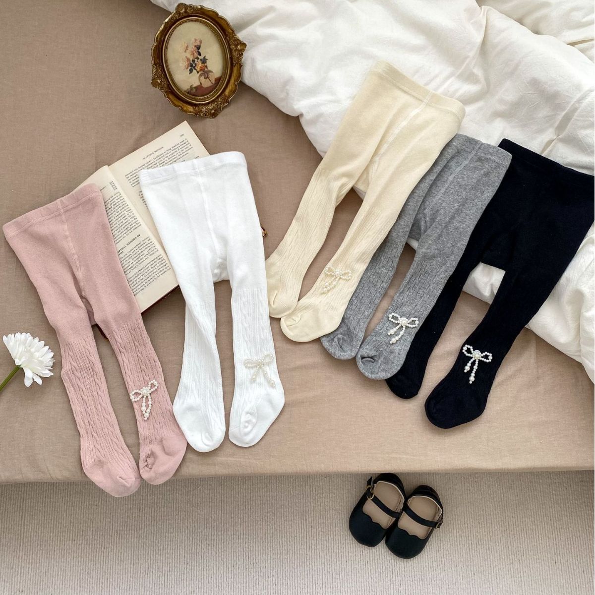 Picture of 2025 Spring and Autumn Baby Girl Pantyhose Easiest for Match Pearl Bow Foot Socks Girls Solid Color Leggings
