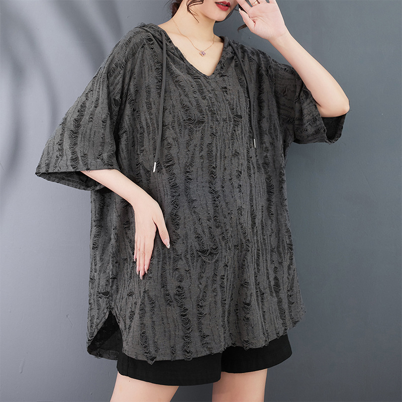 Picture of plus size Women's 2024 Summer New Loose Hooded Half-sleeved T-shirt chubby girl Covering Flesh Slimming Distinctive Rough Top