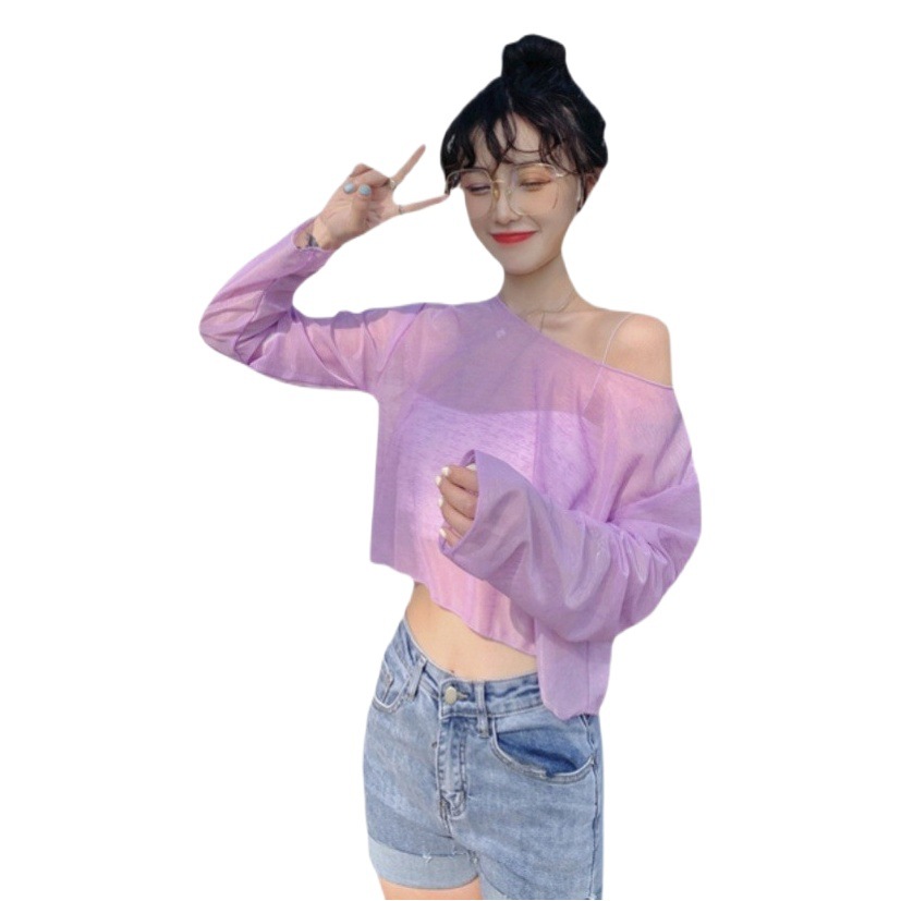 Solid Color Transparent Sun Protection Clothing for Women Loose Long-Sleeved T-Shirt for Women Couple Wear Bottoming Shirt Short Cute Women's Clothing Trbottomy Ins