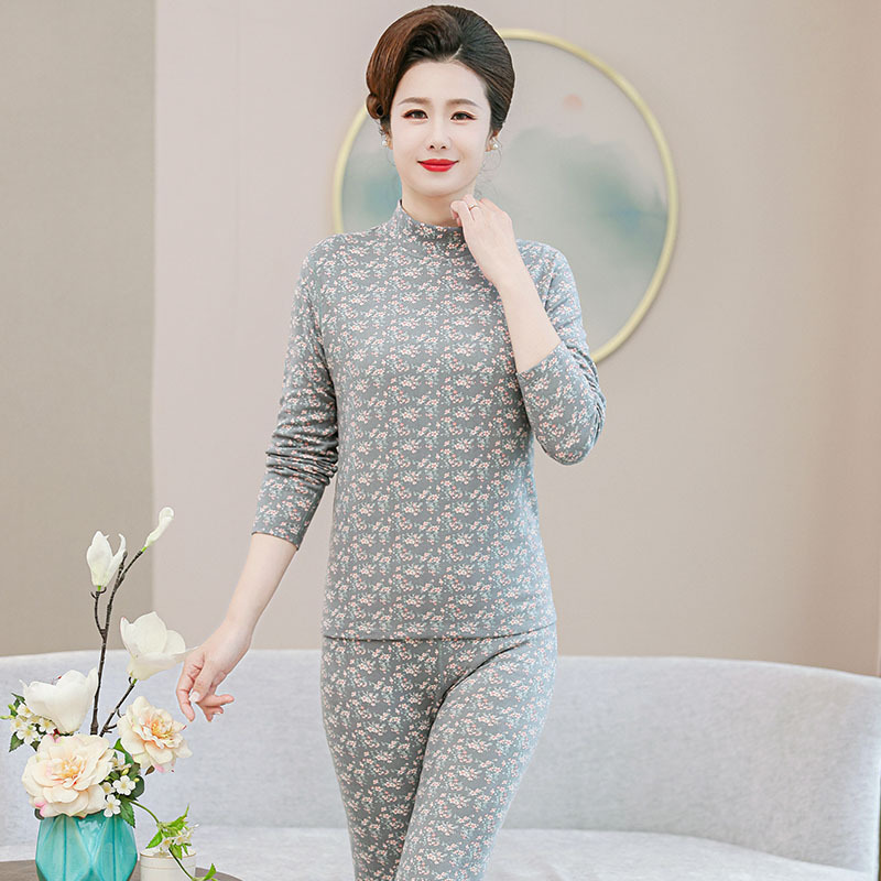 Picture of De velvet thermal underwear for middle-aged and elderly people printed mid-collar autumn clothes long pants suit women's double-sided brushed bottoming shirt winter