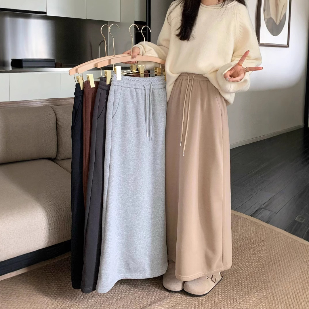 fleece-lined Thickened Skirt Women's Autumn and Winter 2024 New Drawstring High Waist Straight Casual Dress All-match A- line Long Dress