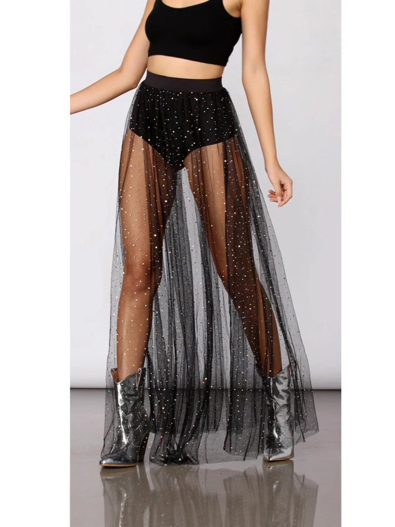 Cross-Border Women's Clothing 2025 New Elegant Long Skirt Amazon Sexy See-Through Mesh Bronzing Skirt for Women