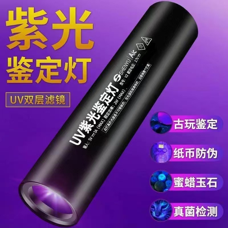 Cross-border mini rechargeable LED purple light banknote detection anti-counterfeiting black mirror cat moss fungus monitoring restaurant home flashlight