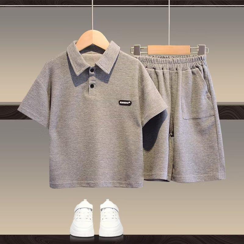 Picture of Children's Summer 2023 New Summer Boys' Suit Korean-style Waffles Solid Color POLO Shirt Two-piece Fashionable Children's Wear