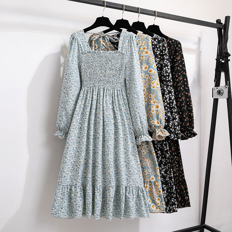 Cross-border foreign trade French bell sleeve floral dress women's long sleeve chiffon dress design sense niche tea break skirt