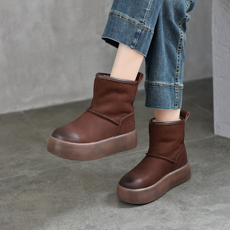First-Layer Cowhide Thick-Soled Snow Boots for Women, Thickeneded Warm Cotton Boots, New Winter Genuine Leather Cotton Shoes, Short Boots