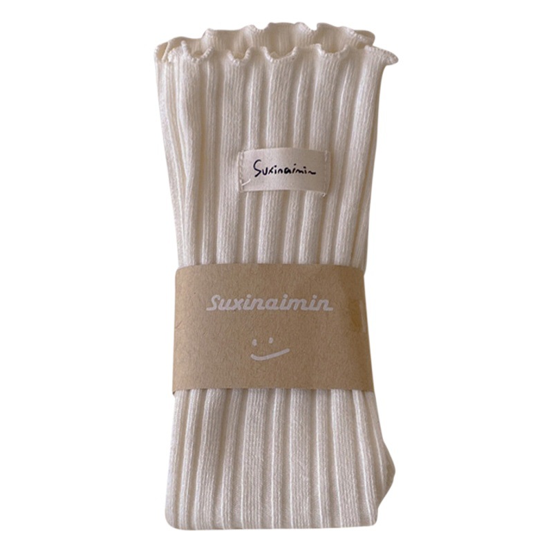 Socks Women's Spring and Autumn New Sweet Wood Ear Sweat Absorbing Vertical Strip Pile Socks Cotton Ins Trendy Cloth Label Zhuji Mid-tube Socks