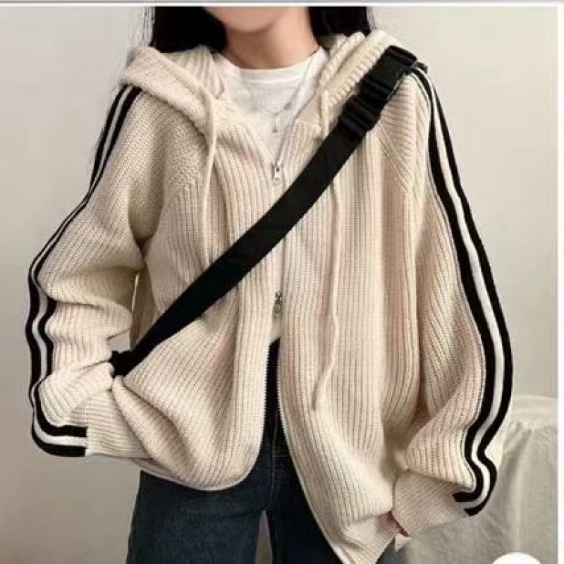 Korean Style Chic Autumn and Winter New Simple Elegant Drawstring Hooded Design Niche Striped Loose Long Sleeve Sweater Jacket