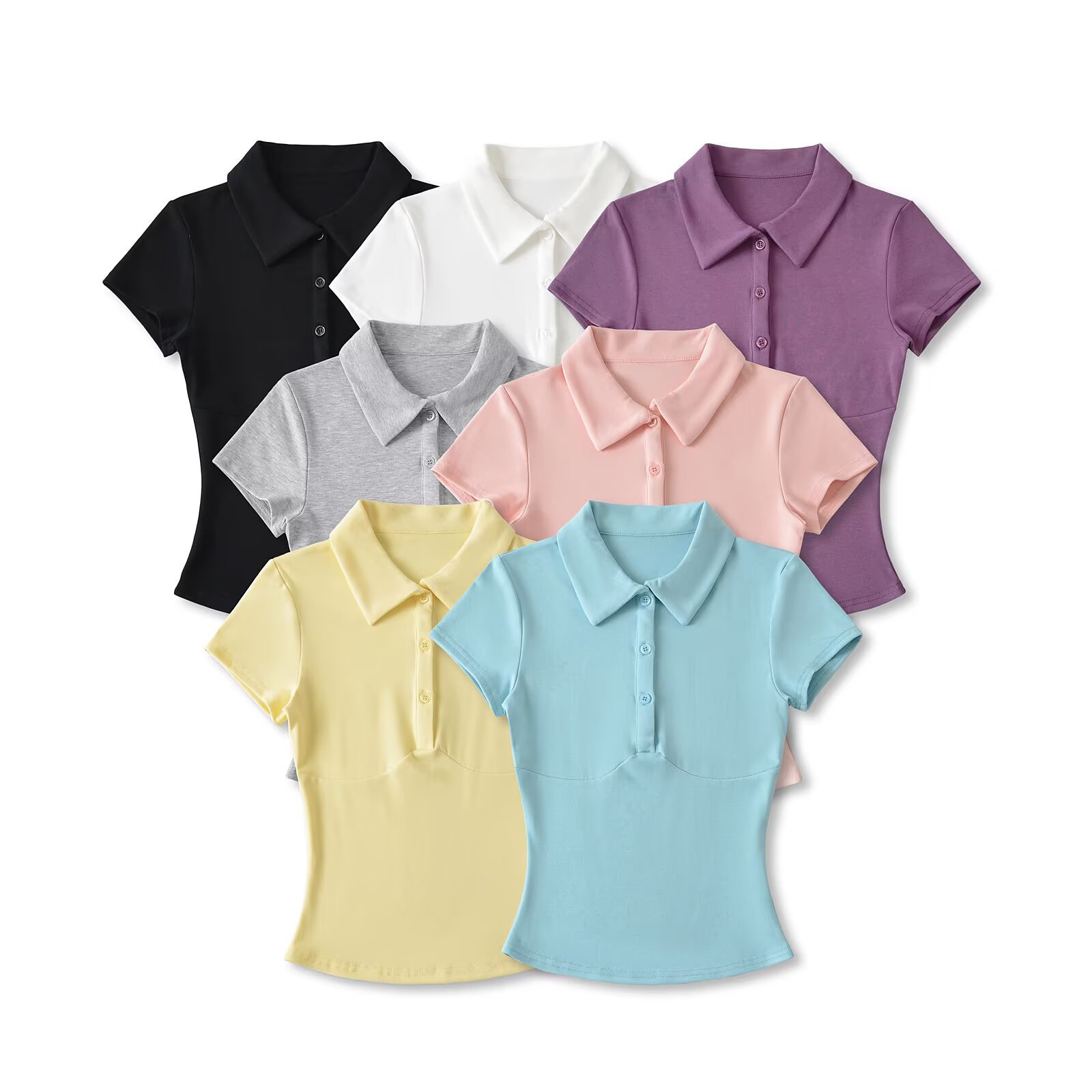 Summer Sexy Hot Girl Lapel Short-Sleeved Pure Color Elastic Tight-Fitting Bottoming T-Shirt Slimming Look Versatile Multi-Button Top