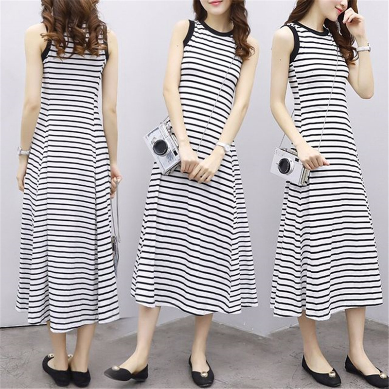 Picture of [Real shot] Korean-style elegant slimming striped dress women's summer retro simple sleeveless vest skirt A- line long skirt