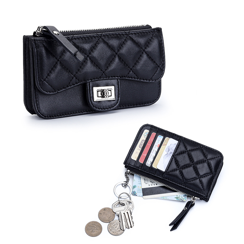 2025 New Genuine Leather Women's Coin Purse Fashionable Rhombic Ins Style Multifunctional Coin Card ID Storage Bag