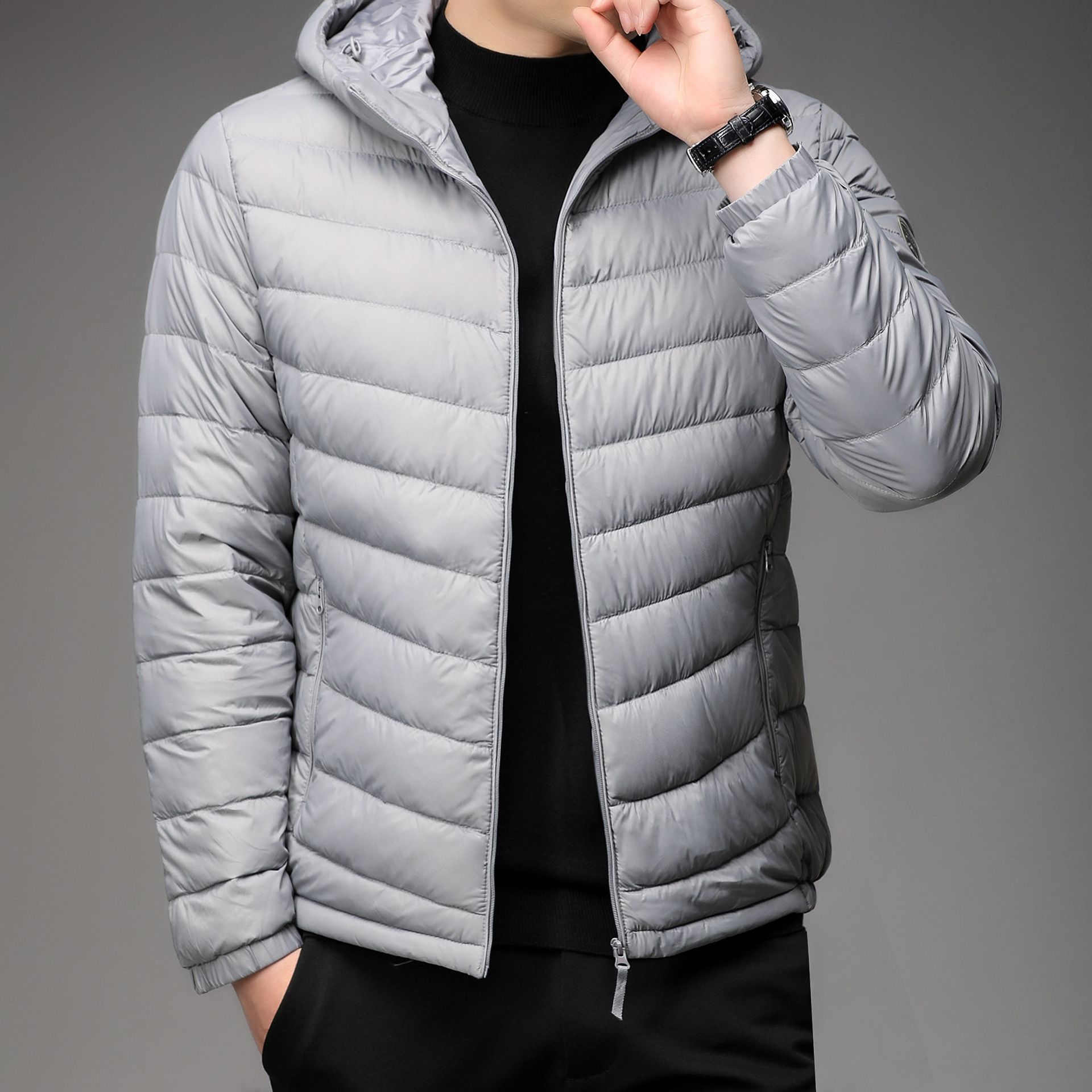 Picture of Handle Autumn and Winter Light Down Cotton-padded Jacket Men's Short Vertical Collar Hooded Middle-aged and Elderly Light Thin Broken Coat