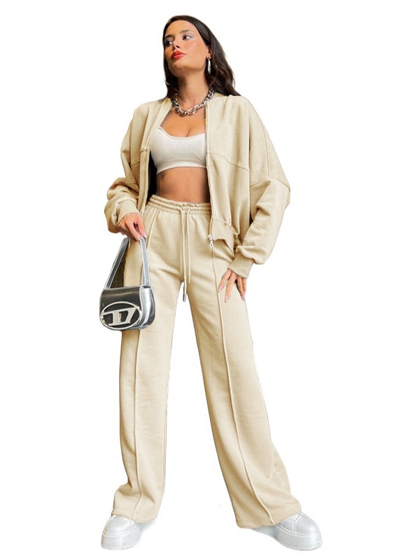 Picture of 211348 autumn and winter new cross-border European and American solid color zipper cardigan sweater women's fashion casual straight pants suit